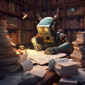 A robot writing on a sheet of paper on a cluttered desk, as imagined by Midjourney
