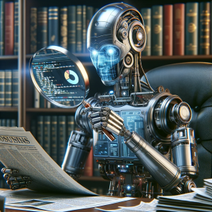 DALL-E-generated image of "a robot fact-checking a story in a newspaper"